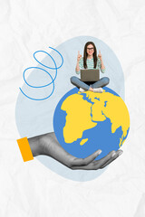 Vertical photo collage of hand hold planet earth globe sit happy girl macbook user freelance worker finger up isolated on painted background