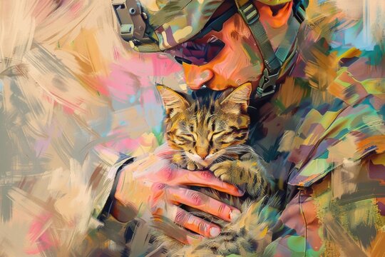 A soldier holding a cat in his arms. Suitable for military or animal themes