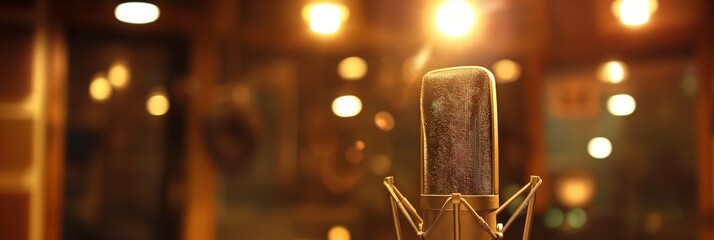 An up-close perspective of a condenser microphone in a studio represents music production, artistry, and sound engineering