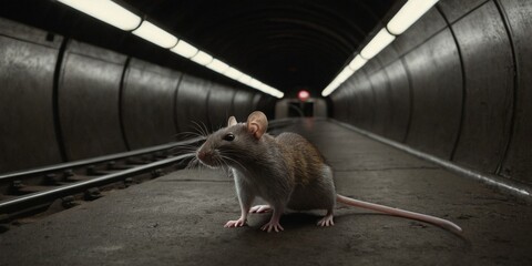 Rat in a subway tunnel. Conceptual image rodent invasion.