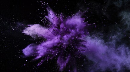 Violette Farbexplosion vor dunklem Hintergrund, rauchender Knall, Explosion aus lila Pulver	