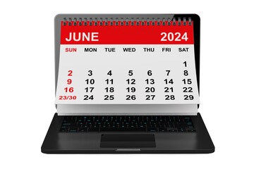 June 2024 calendar over laptop screen. 3d rendering