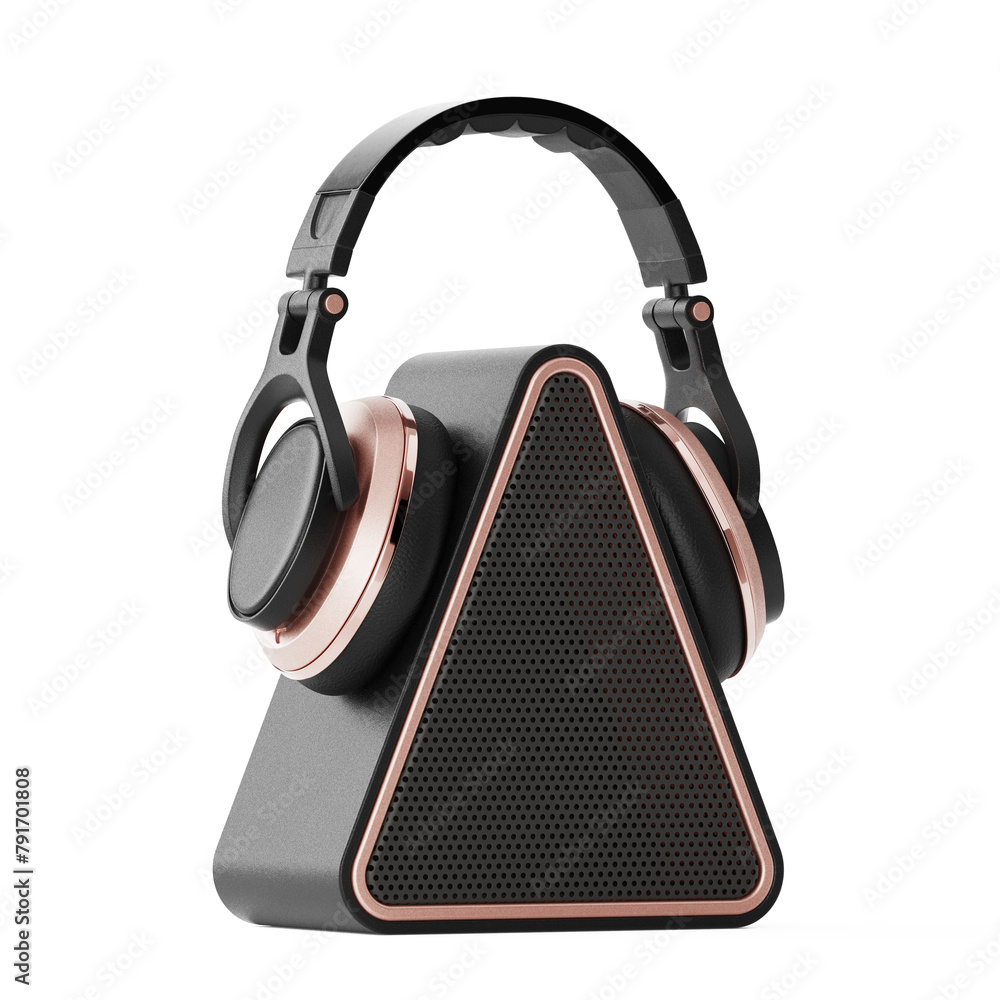 Aufkleber modern triangular mobile music speaker with headphones. 3d rendering