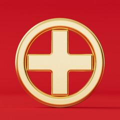 Golden  Plus Icon Medical Cross Sign. 3d Rendering