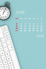 2024 year calendar. June calendar. 3d Rendering