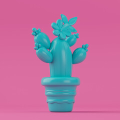 Cute Cartoon Blue Cactus in Duotone Style. 3d Rendering
