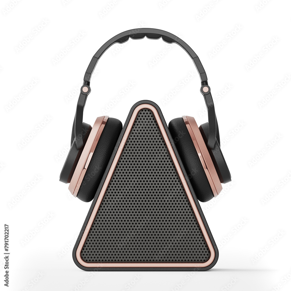 Aufkleber modern triangular mobile music speaker with headphones. 3d rendering