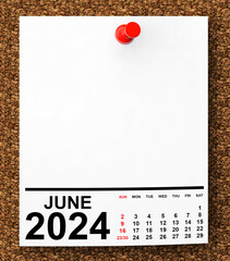 Calendar June 2024 on Blank Note Paper. 3d Rendering