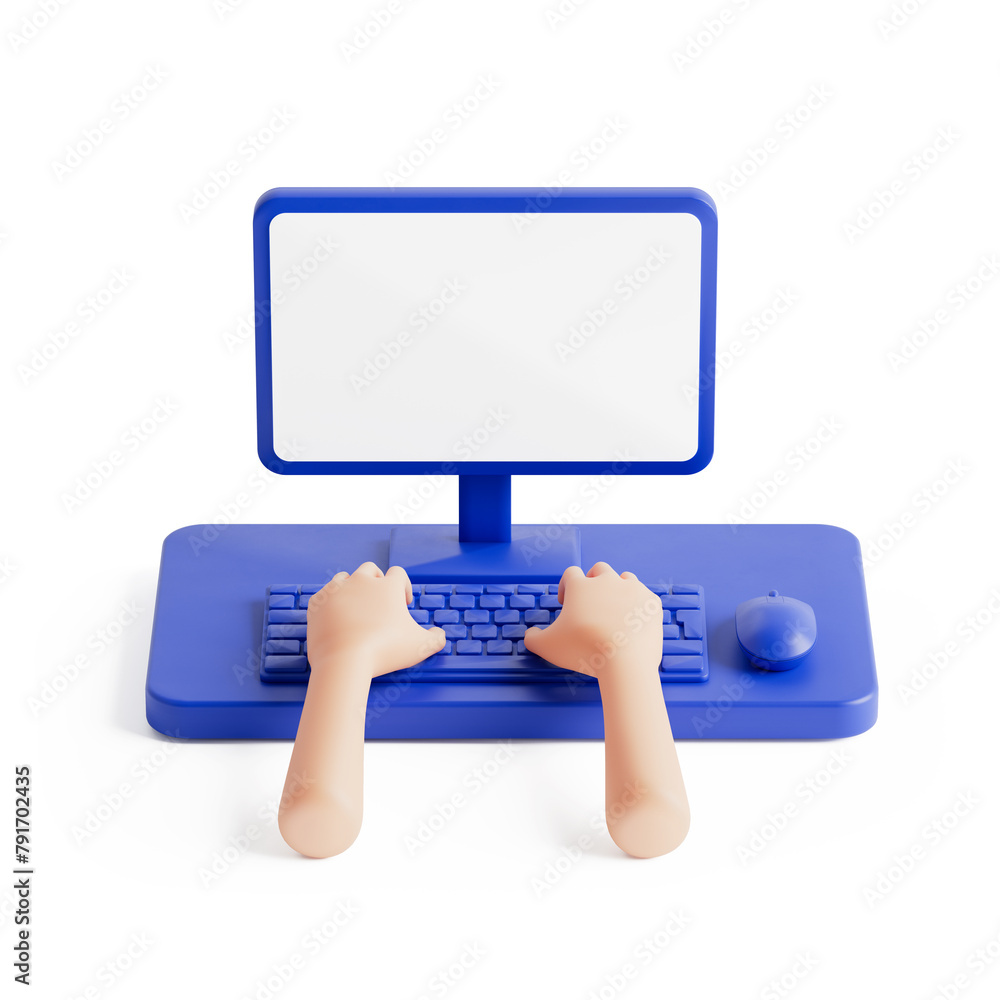 Poster infographic isometric cartoon scene with desktop and hands on a computer keyboard. 3d rendering