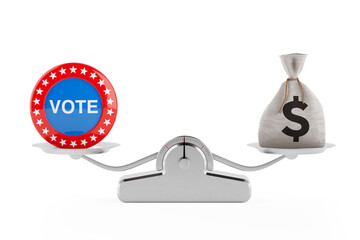 Presidental Election 2024, Round Patriotic Vote Button Badge with Stars and Money Bag with Dollars Sign on a Simple Weighting Scale. 3d Rendering