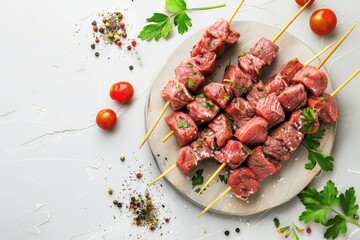 Plate of delicious meat skewers with fresh tomatoes and parsley. Perfect for BBQ or summer party