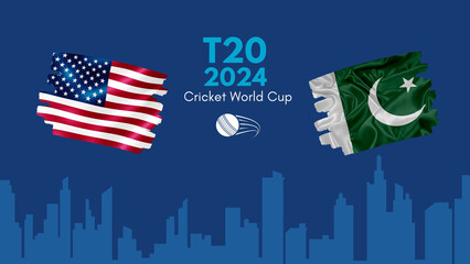 USA vs pakistan flag, world map and building skyline use for t20 cricket world cup 2024 template banner design. - obrazy, fototapety, plakaty
