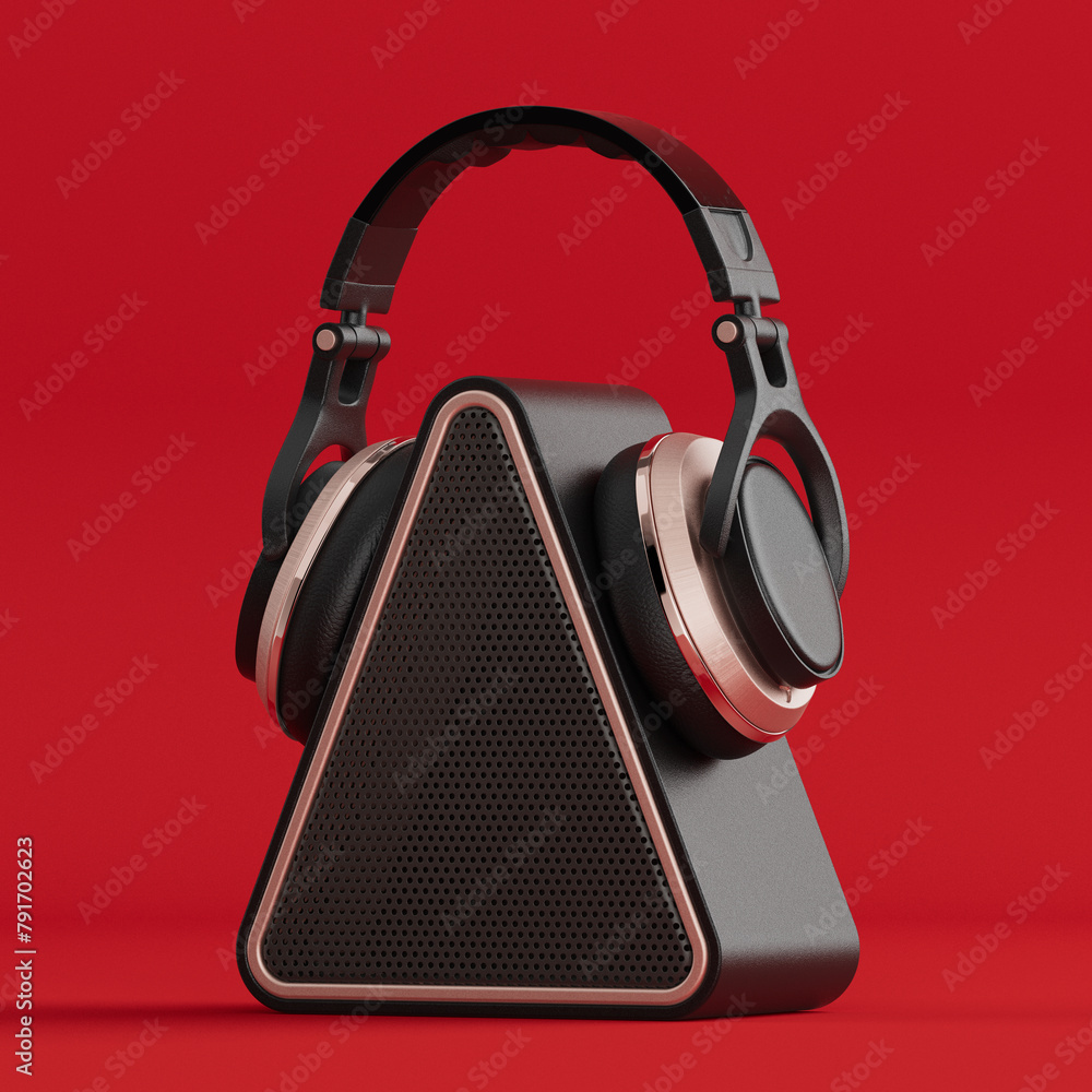 Aufkleber modern triangular mobile music speaker with headphones. 3d rendering