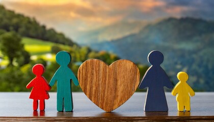 Picture of a family of four in the form of colorful simple wooden figurines with a simple wooden heart figurine on a nature background