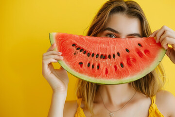 A portrait of a young woman holding a slice of summer watermelon up to her face