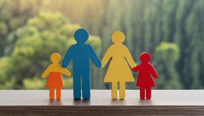 An image of a family consisting of a father, mother and two children in the form of simple wooden figures against a background of nature