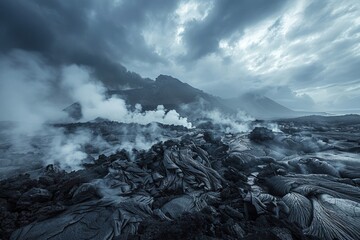 Volcanic landscape with steam vents and jagged black rocks.