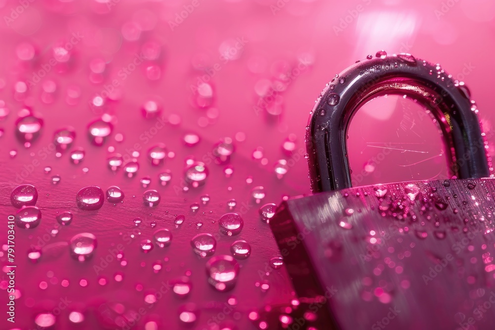 Poster a close-up view of a padlock on a pink background. suitable for security concepts