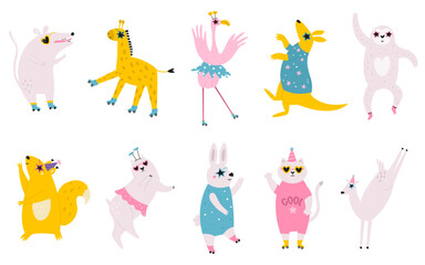 Fototapeta premium Vector illustration of dancing animals in disco glasses, birthday hats and cool costumes.