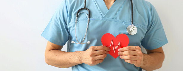 A male nurse in blue scrubs holding a red paper here, The paper is a red heart-shaped paper with an EKG drawn on it.