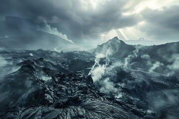 Volcanic landscape with steam vents and jagged black rocks. - obrazy, fototapety, plakaty