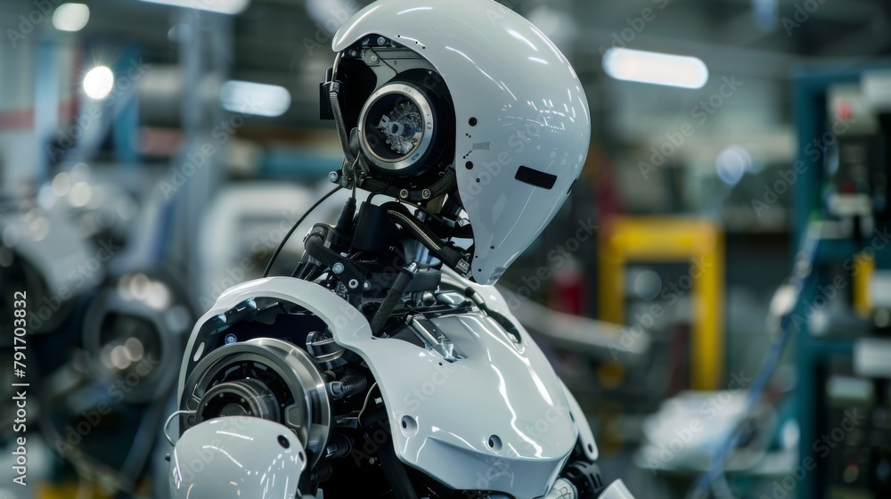 Poster robot standing in factory room