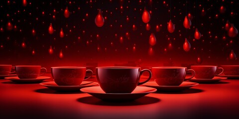 a group of red cups and saucers