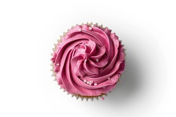 A delicious pink frosted cupcake on a clean white background. Perfect for bakery or dessert concepts