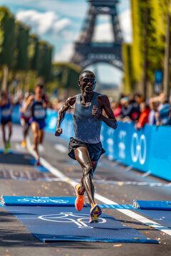 Black marathon male Runner in Paris 2024 Competition. Generative AI image