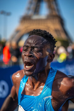 Determined marathon male runner at Paris 2024 with Eiffel Tower. Generative AI image