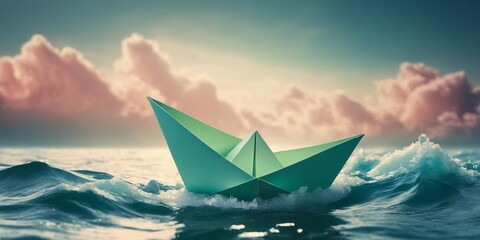 Paper boat in the sea. Vintage style.