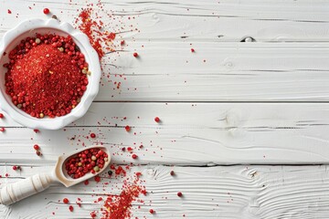 Red sprinkles in a white bowl on a wooden table. Perfect for food and cooking themes
