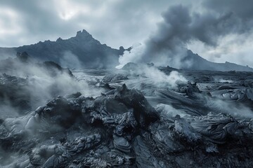 Volcanic landscape with steam vents and jagged black rocks.