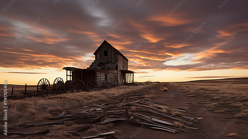 Wall mural Old abandoned house in the countryside at sunset created with Generative AI technology