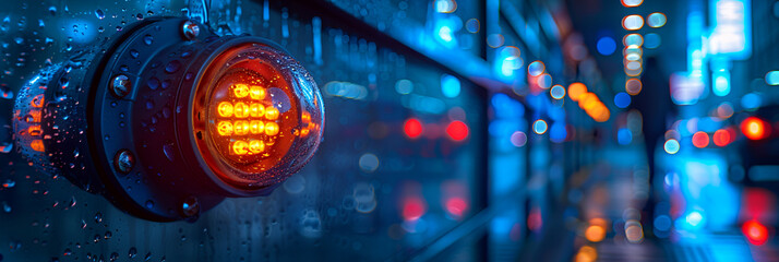 A Close-up of a Blue Light in the Dark,
A busy city street with a red light and a yellow light The street is wet and the lights are reflecting on the wet surface
