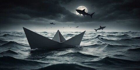 Paper boat in ocean at night with shark and seagulls.