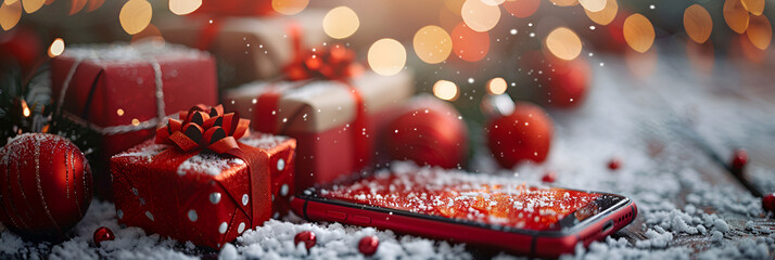 A Display of a Cell Phone with Gifts on It,
Boxes of gifts in a winter forest
