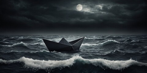 Paper boat floating in the sea on a full moon background.