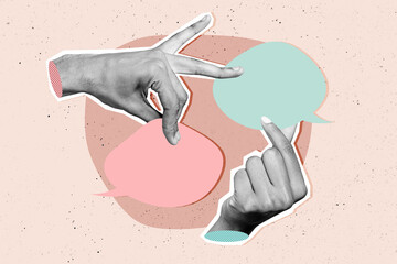 Composite photo collage of people hand hold text box bubble phrase communication audience speech...