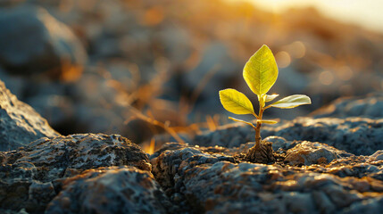 A sapling growing out of an arid crack in the desert - Powered by Adobe