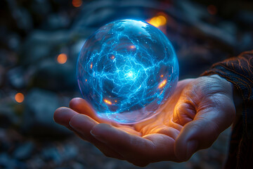 A Person Holding a Glowing Sphere in Their Hand,
Glass sphere ball with energy lines in human hands abstract illustration

