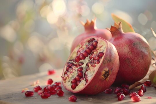 Fresh pomegranates cut open on a wooden cutting board. Perfect for food and nutrition concepts