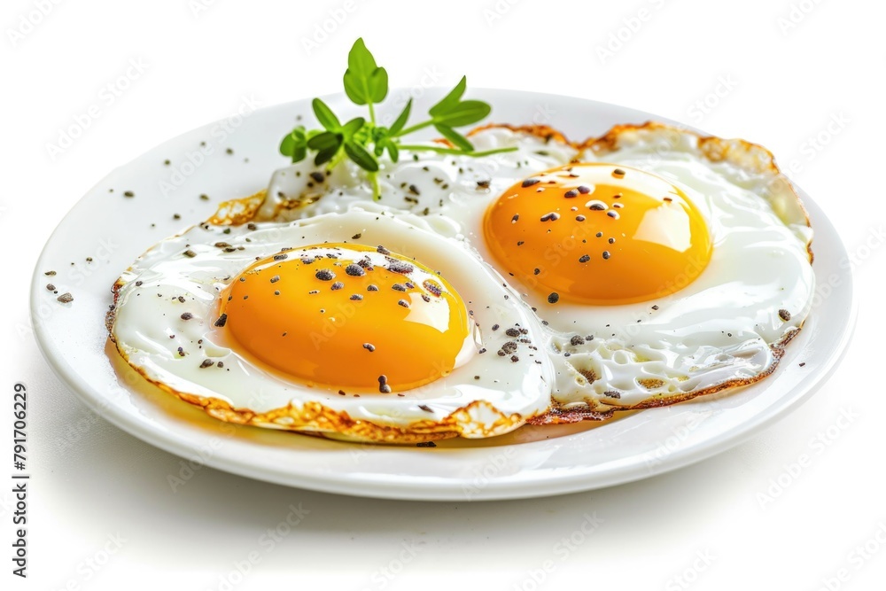 Poster simple and appetizing image of two fried eggs with parsley on a plate. perfect for breakfast menus o