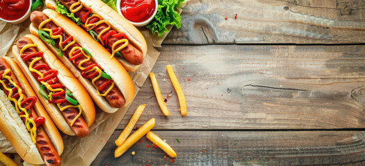 A bunch of hot dogs with ketchup and mustard. Perfect for food and cooking concepts - Powered by Adobe