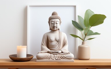 a statue of a buddha sitting on a table next to a candle and a plant