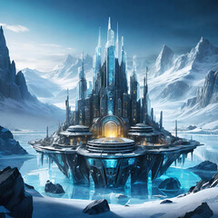 futuristic city on alien frozen planet, generative ai illustration