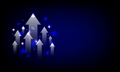 Profit concept. Upper arrows with percentage icons on a blue background. Increase financial and growth up of business.