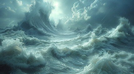 Nature Background; stormy sea, massive waves towering under a stormy sky, conveying nature's untamed power and beauty