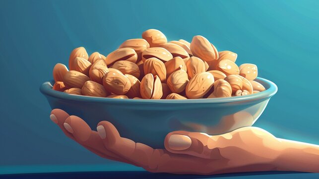 Nutritious Nuts A 2D cartoonstyle image of a bowl of peanuts, emphasizing their nutritional value and wholesome goodness as a snack 8K , high-resolution, ultra HD,up32K HD