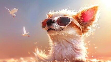 Canine adventurer, stylish sunglasses, scenic route, ears flapping